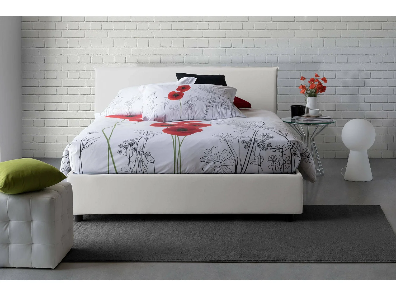 Cama de casal feminina, Cama de armazenamento com forro de tecido, 100% Fabricado na Itália, Abertura frontal, com colchão 160x190 cm incluído, Branco