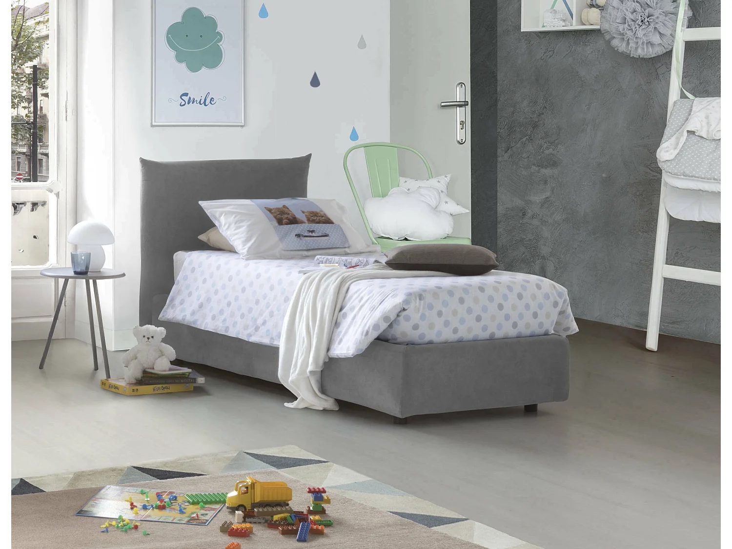 Lit simple Dbeccar, Lit coffre avec revêtement en tissu, 100% Made in Italy, Ouverture frontale, adapté pour matelas 80x190 cm, Gris