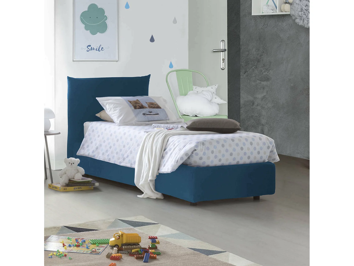 Dbeccar eenpersoonsbed, Opbergbed met stoffen bekleding, 100% Made in Italy, Opening aan de voorkant, geschikt voor matras van 80x190 cm, Blauw