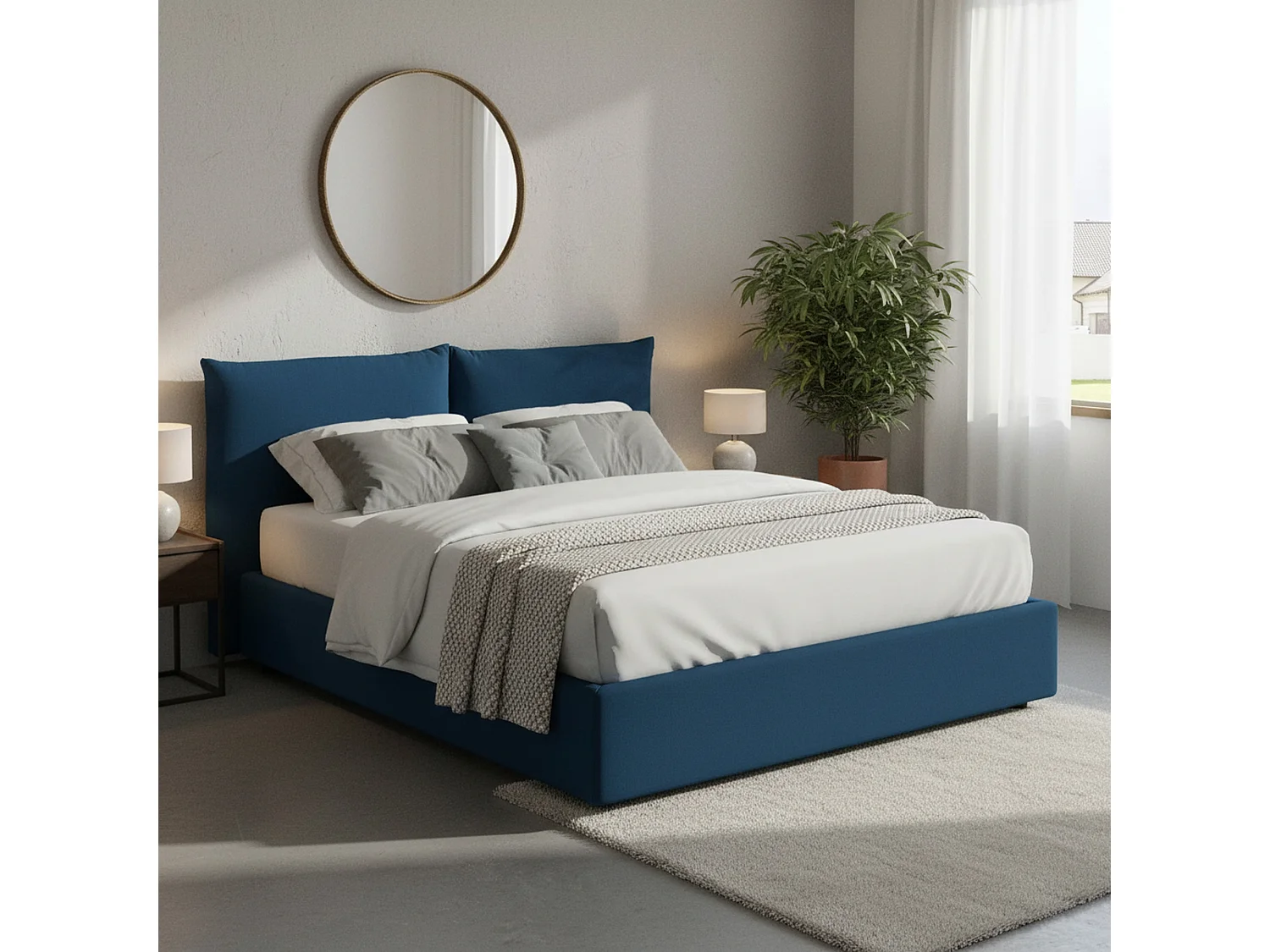 Lit double Dmlaka, Lit coffre avec revêtement en tissu, 100% Made in Italy, Ouverture frontale, adapté pour matelas 160x190 cm, Bleu