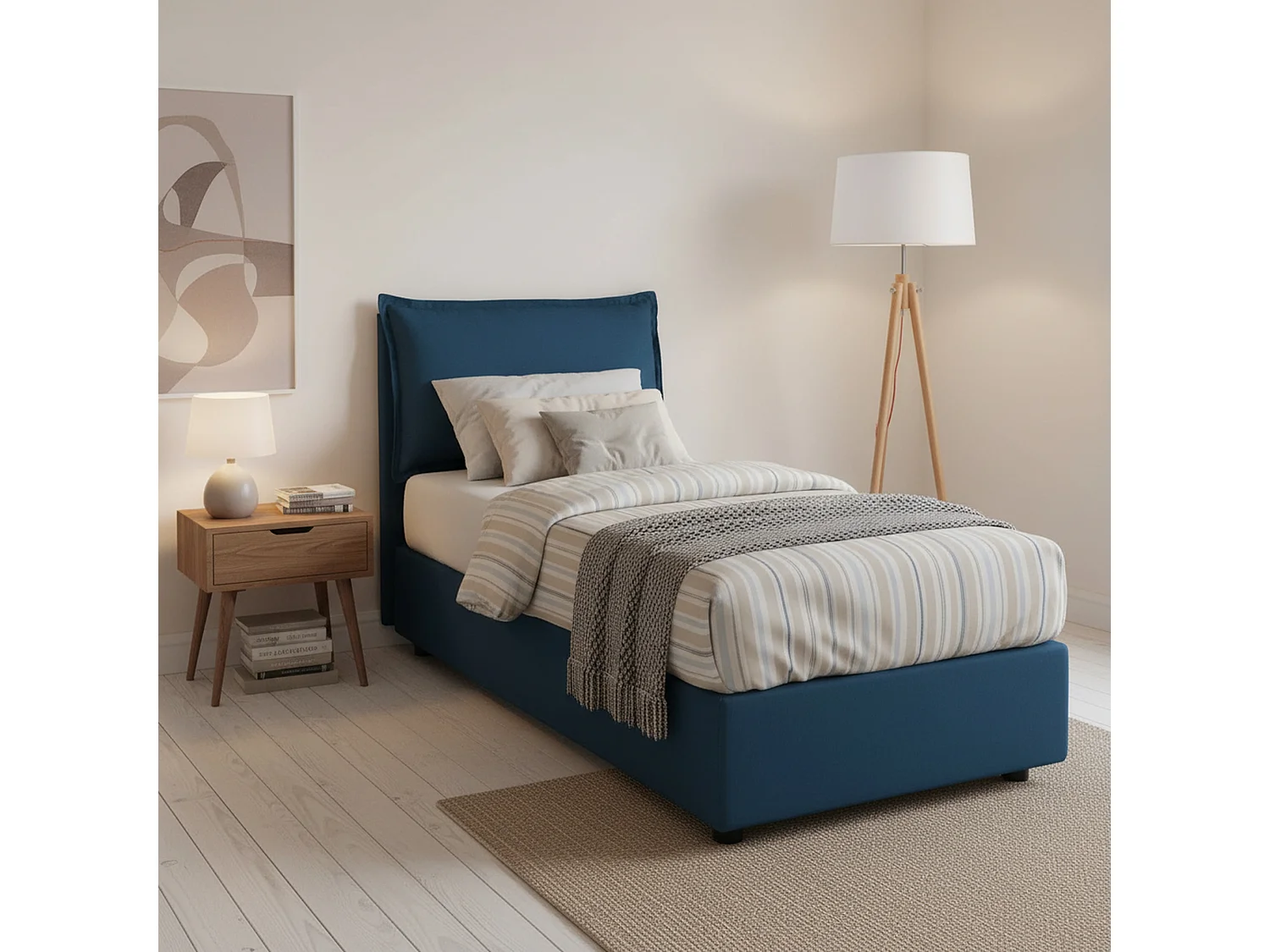 Dmosco eenpersoonsbed, Opbergbed met stoffen bekleding, 100% Made in Italy, Opening aan de voorkant, geschikt voor matras van 80x190 cm, Blauw