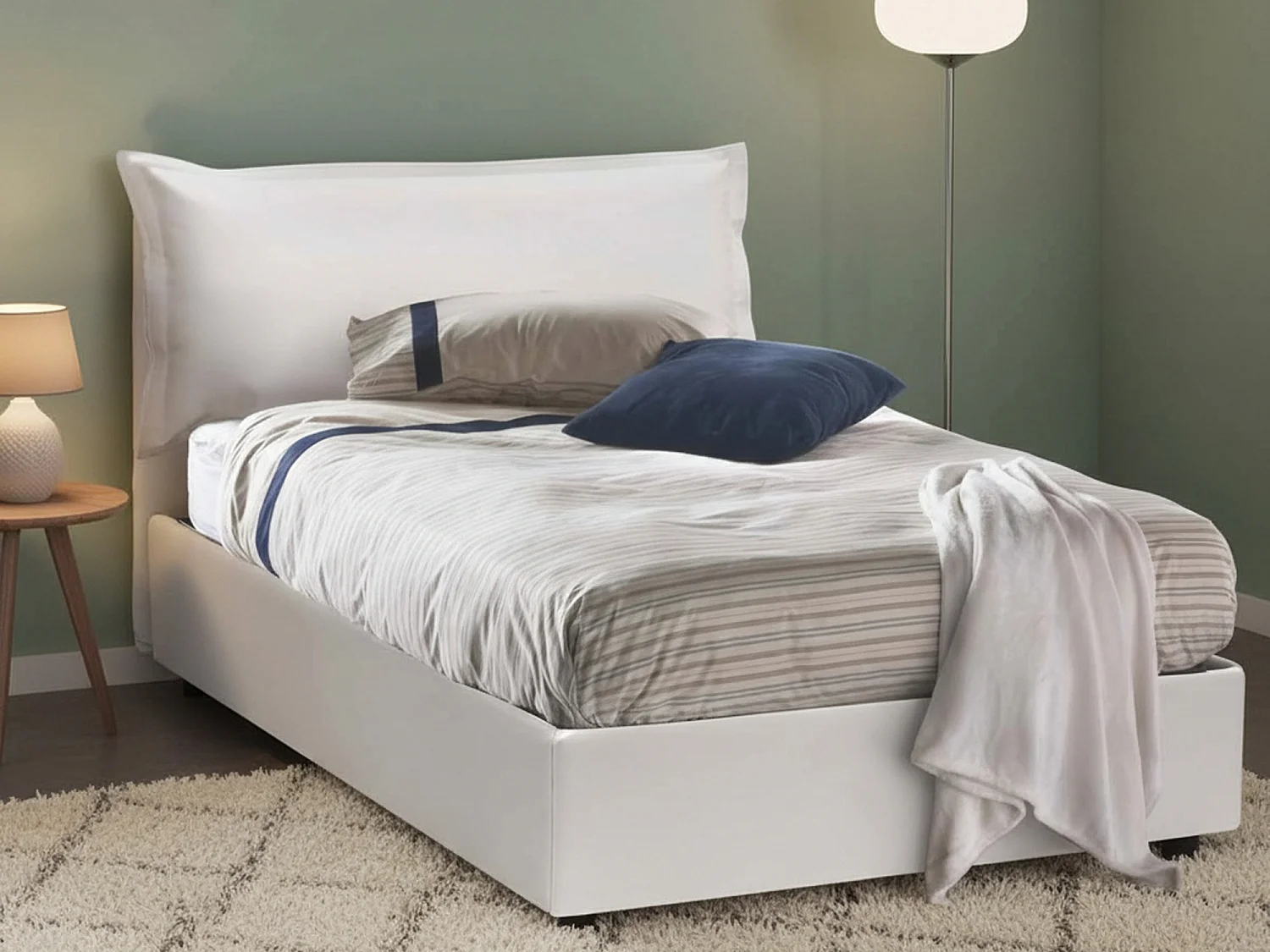 Cama de plaza y media Dlemin, Cama contenedor con tapizado en ecopiel, 100% Made in Italy, Apertura frontal, adecuado para colchón 120x200 cm, Blanco