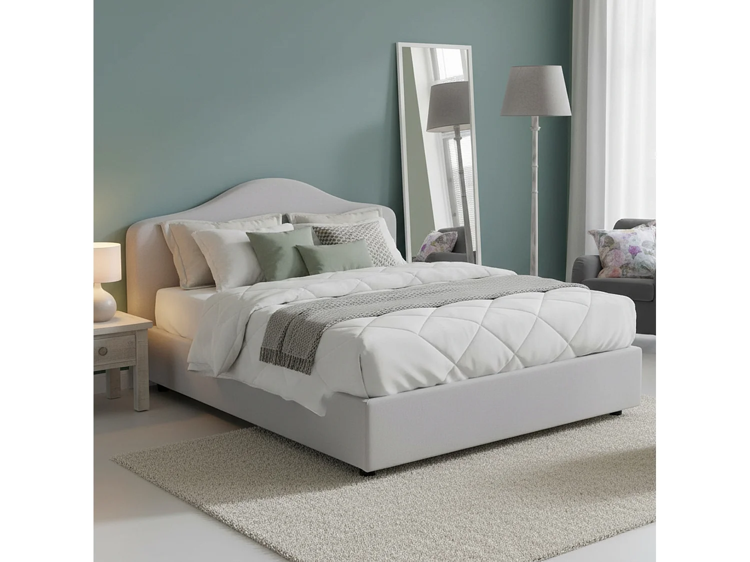 Lit double Dabbass, Lit coffre avec revêtement en tissu, 100% Made in Italy, Ouverture frontale, adapté pour matelas 160x190 cm, Blanc