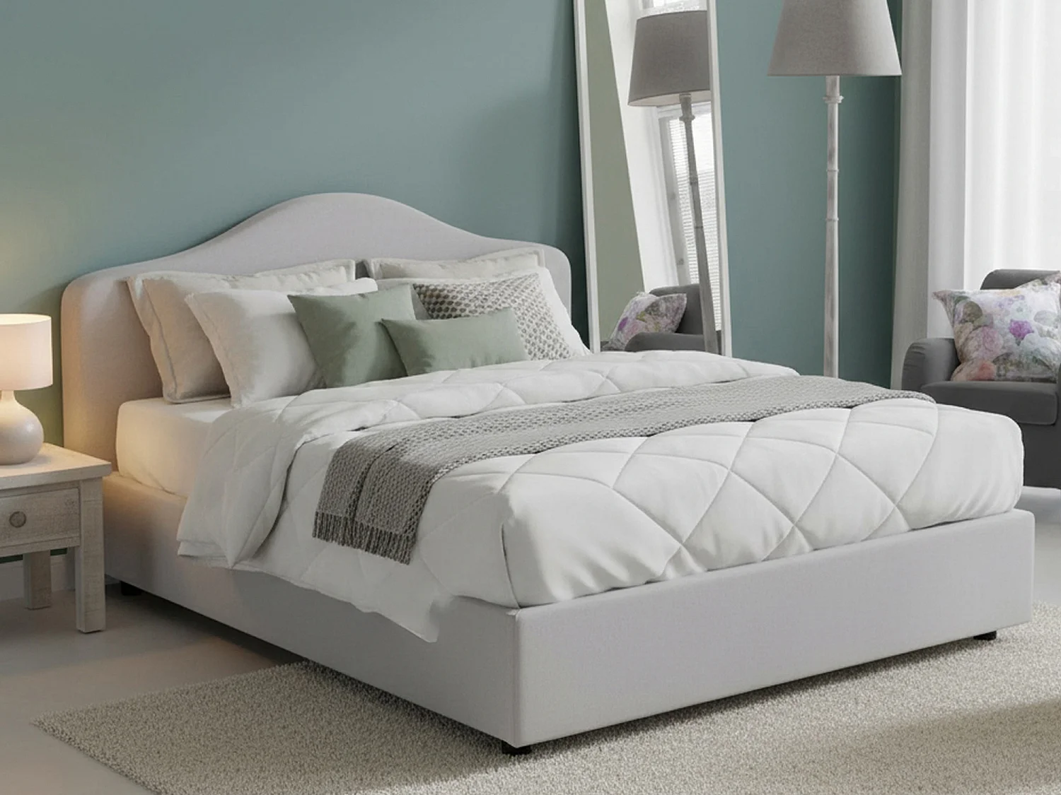 Lit double Dabbass, Lit coffre avec revêtement en tissu, 100% Made in Italy, Ouverture frontale, adapté pour matelas 160x190 cm, Blanc