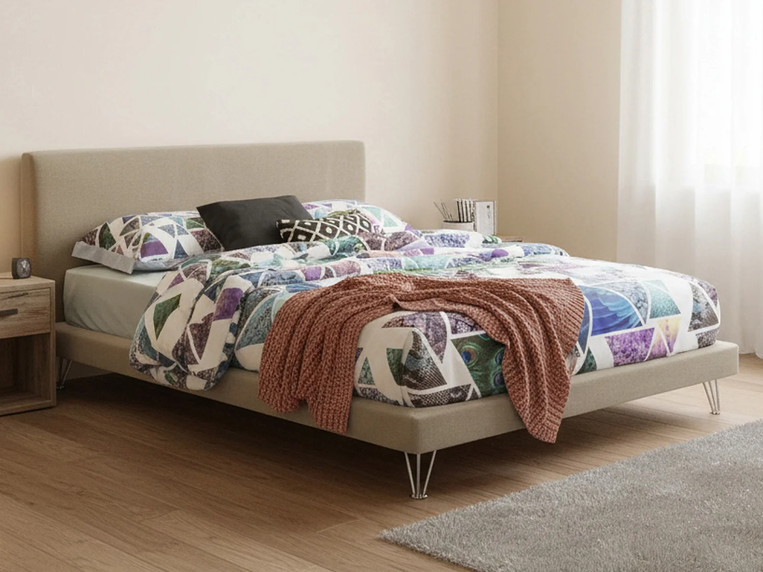 Cama matrimonial Dferron, Cama fija en tela con pies, 100% Made in Italy, adecuado para colchón 160x190 cm, Beige