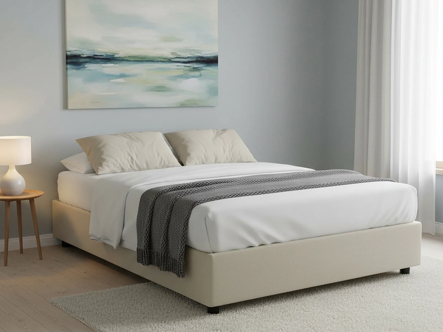 Lit double Dagazz, Lit coffre avec revêtement en tissu, 100% Made in Italy, Ouverture frontale, adapté pour matelas 140x190 cm, Beige