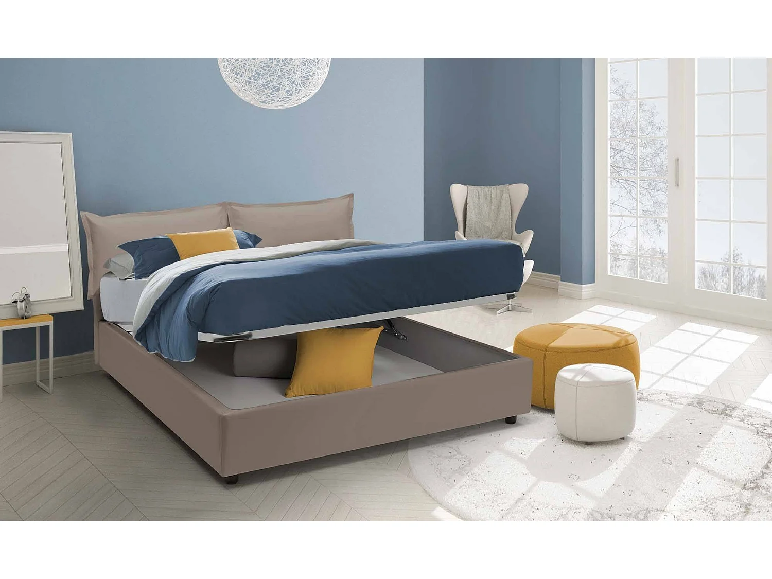 Dgirau tweepersoonsbed, Opbergbed met eco-lederen bekleding, 100% Made in Italy, Opening aan de voorkant, geschikt voor matras 140x200 cm, duifgrijs