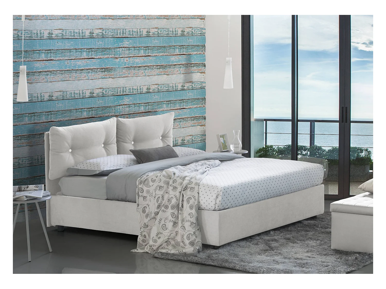 Lit simple Daasba, Lit coffre avec revêtement en tissu, 100% Made in Italy, Ouverture frontale, avec matelas 80x190 cm inclus, Blanc