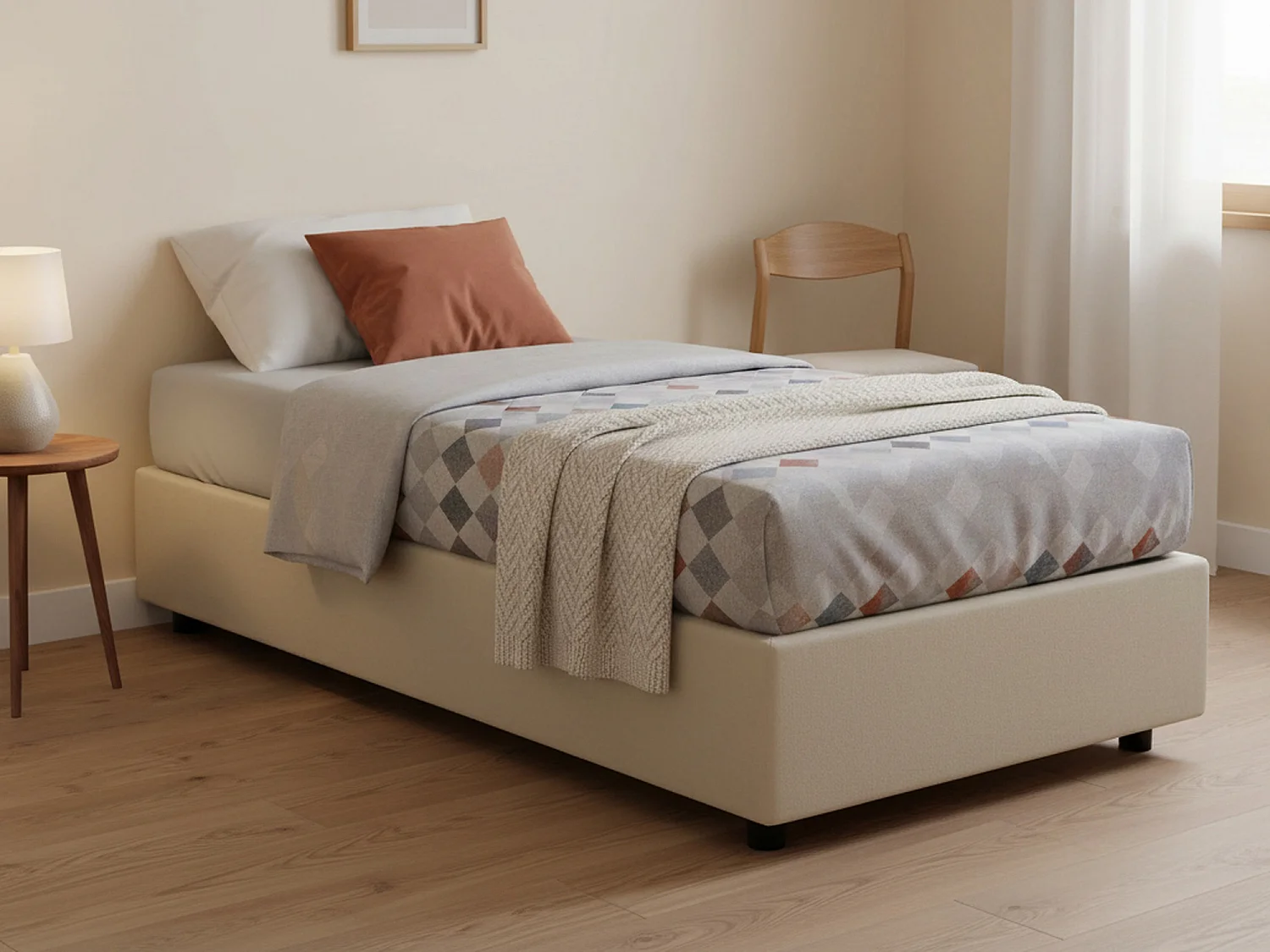 Lit simple Dmaiell, Lit coffre avec revêtement en tissu, 100% Made in Italy, Ouverture frontale, avec matelas 80x200 cm inclus, Beige