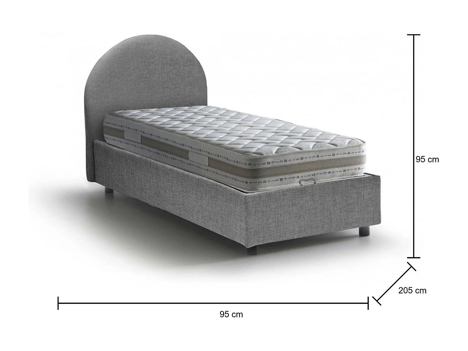 Cama individual Dcolpan, Cama contenedor con revestimiento de tela, 100% Made in Italy, Apertura frontal, con colchón 80x190 cm incluido, Gris