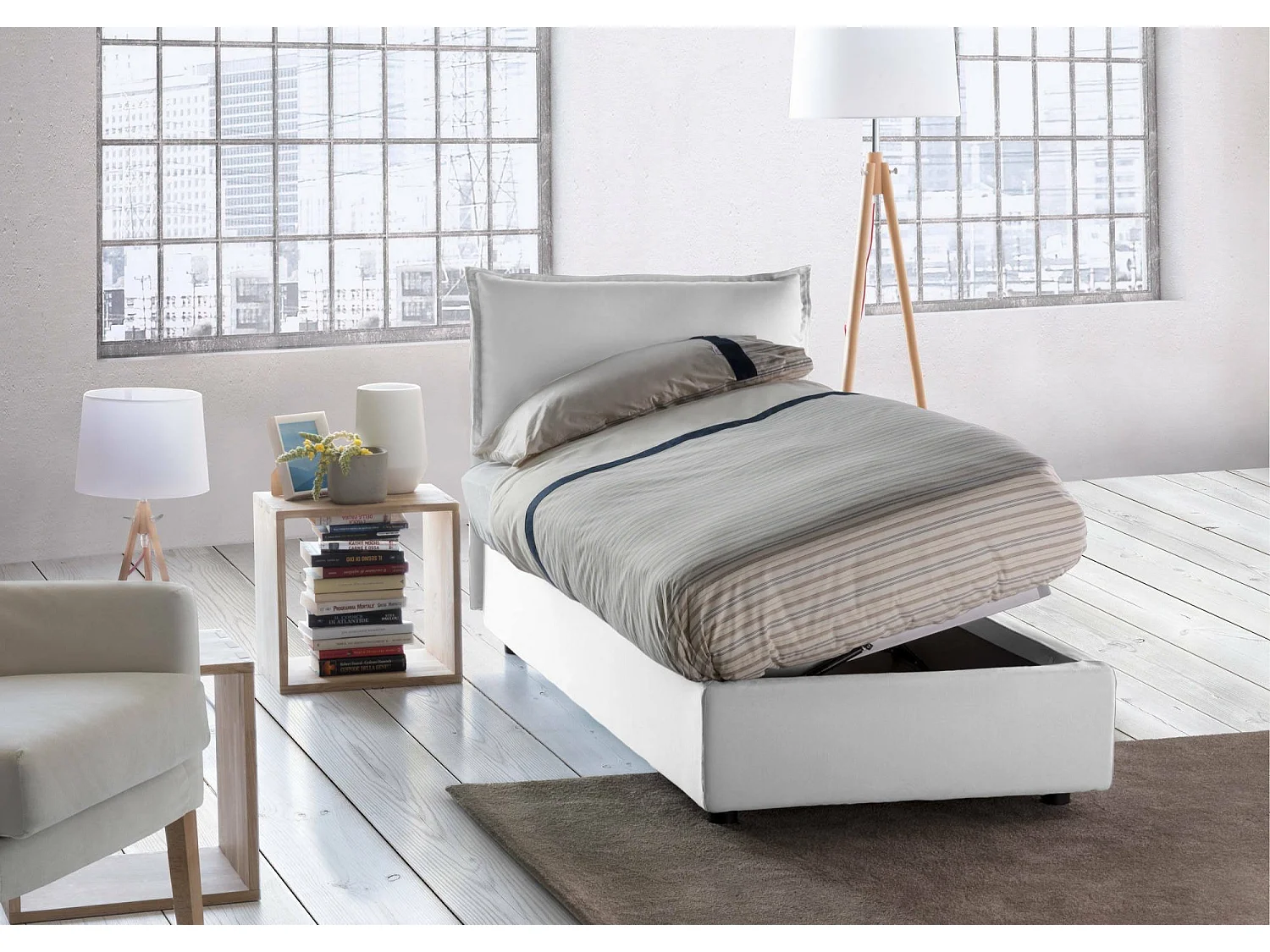 Dmangone eenpersoonsbed, Opbergbed met stoffen bekleding, 100% Made in Italy, Zijopening, inclusief matras van 80x190 cm, Wit