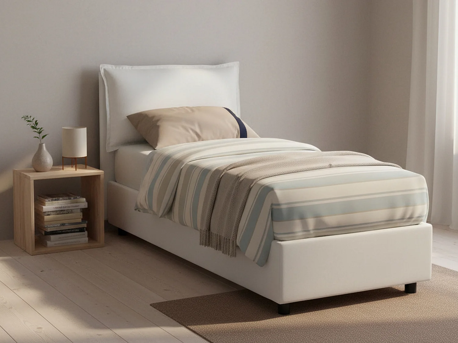 Lit simple Dmangone, Lit coffre avec revêtement en tissu, 100% Made in Italy, Ouverture latérale, avec matelas 80x190 cm inclus, Blanc