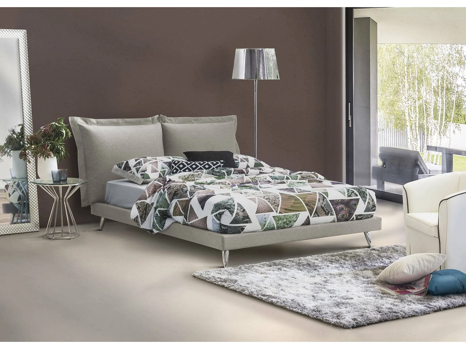 Lit double Dgiraud, Lit fixe en tissu avec pieds, 100% Made in Italy, adapté pour matelas 160x190 cm, Gris