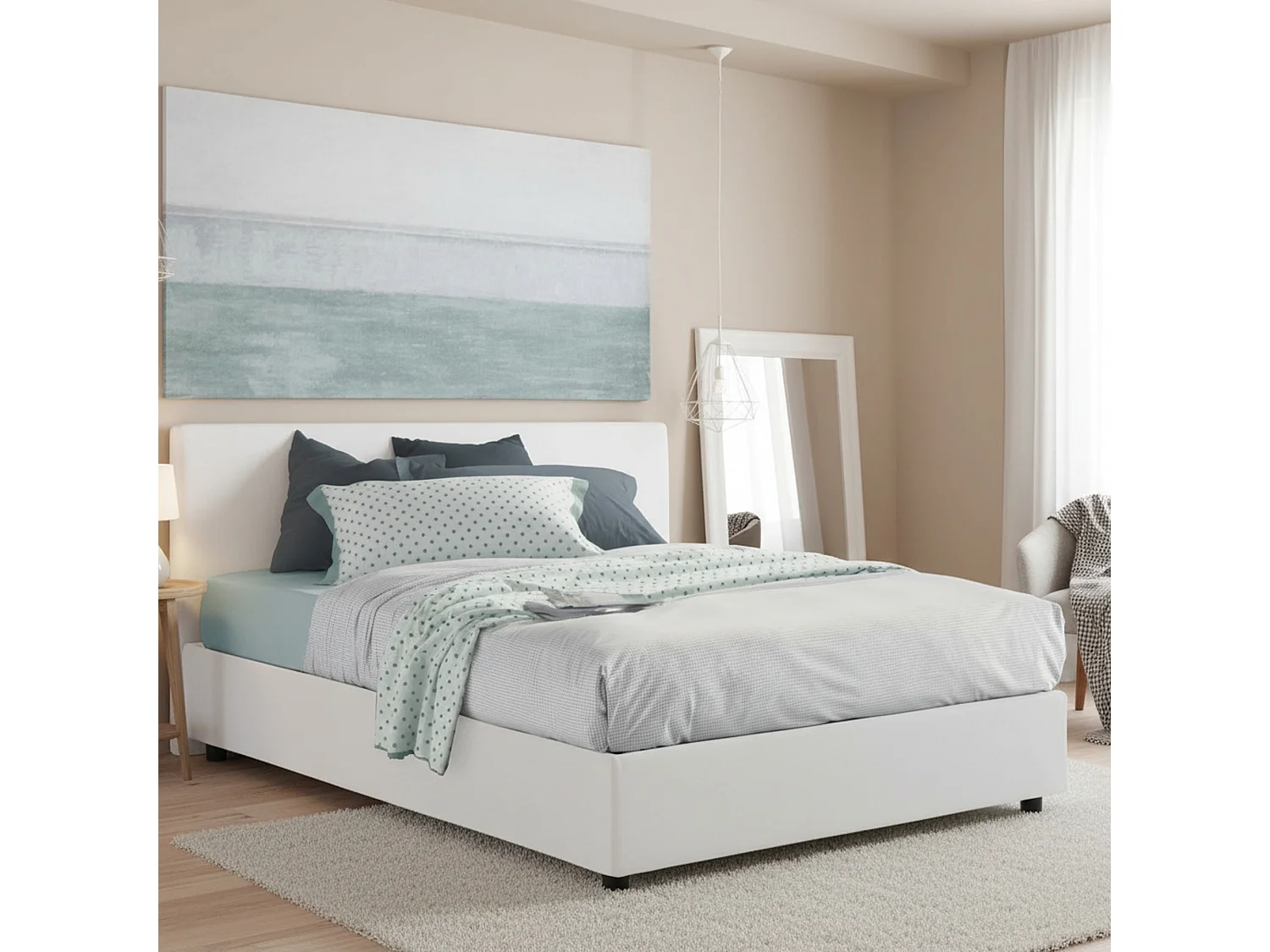 Lit double Ddurant, Lit coffre avec revêtement en tissu, 100% Made in Italy, Ouverture frontale, avec matelas 140x200 cm inclus, Blanc