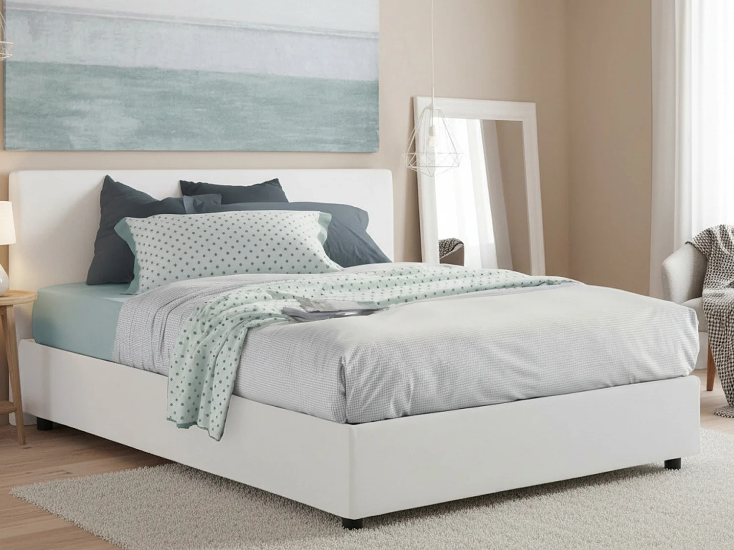 Lit double Ddurant, Lit coffre avec revêtement en tissu, 100% Made in Italy, Ouverture frontale, avec matelas 140x200 cm inclus, Blanc