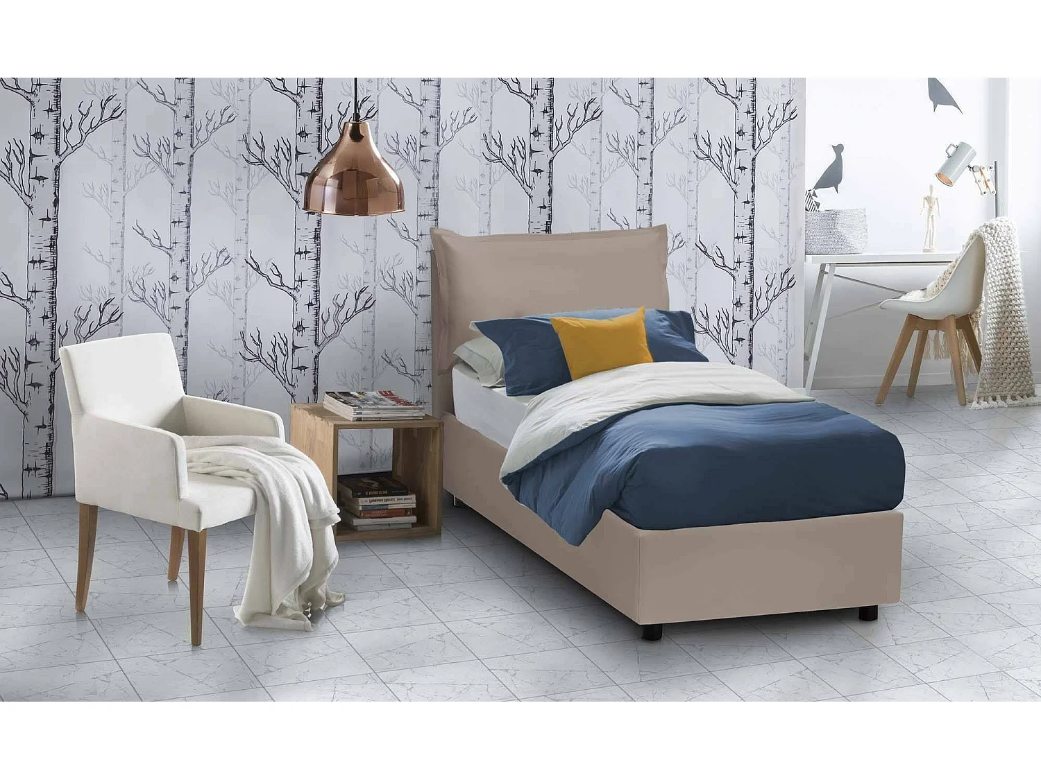 Dcodotta eenpersoonsbed, Opbergbed met bekleding van eco-leer, 100% Made in Italy, Opening aan de voorkant, inclusief matras van 90x200 cm, Taupe