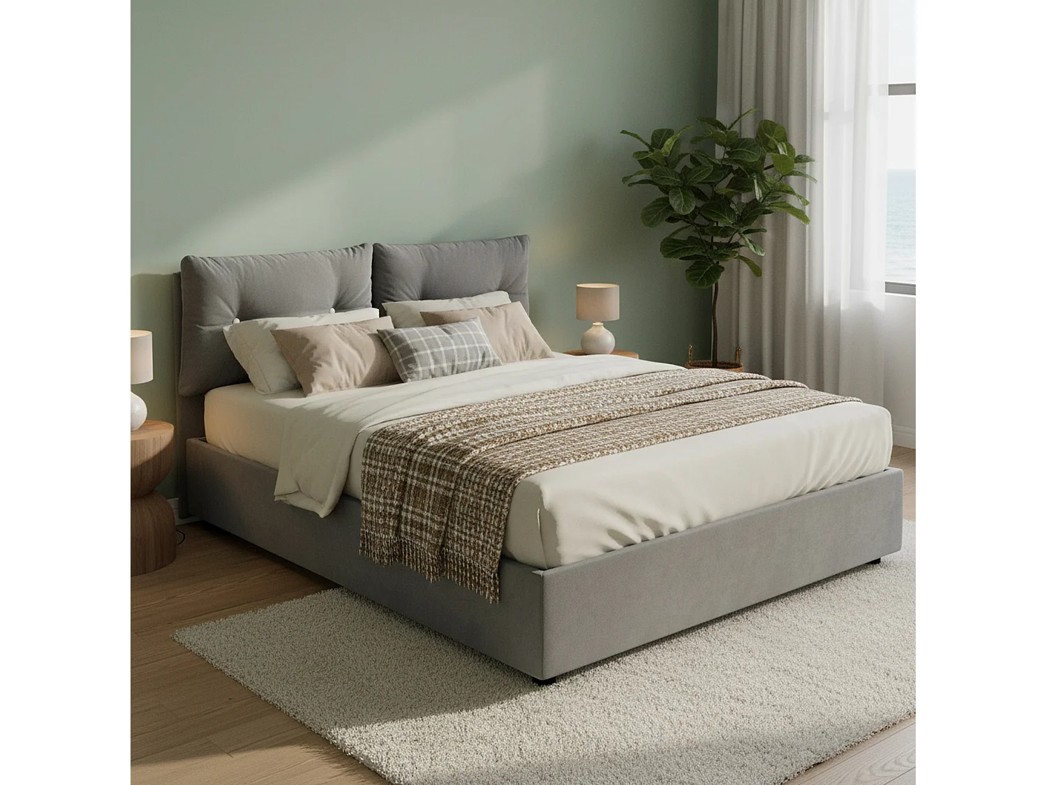 Lit double Dcun, Lit coffre avec revêtement en tissu, 100% Made in Italy, Ouverture frontale, adapté pour matelas 160x200 cm, Gris