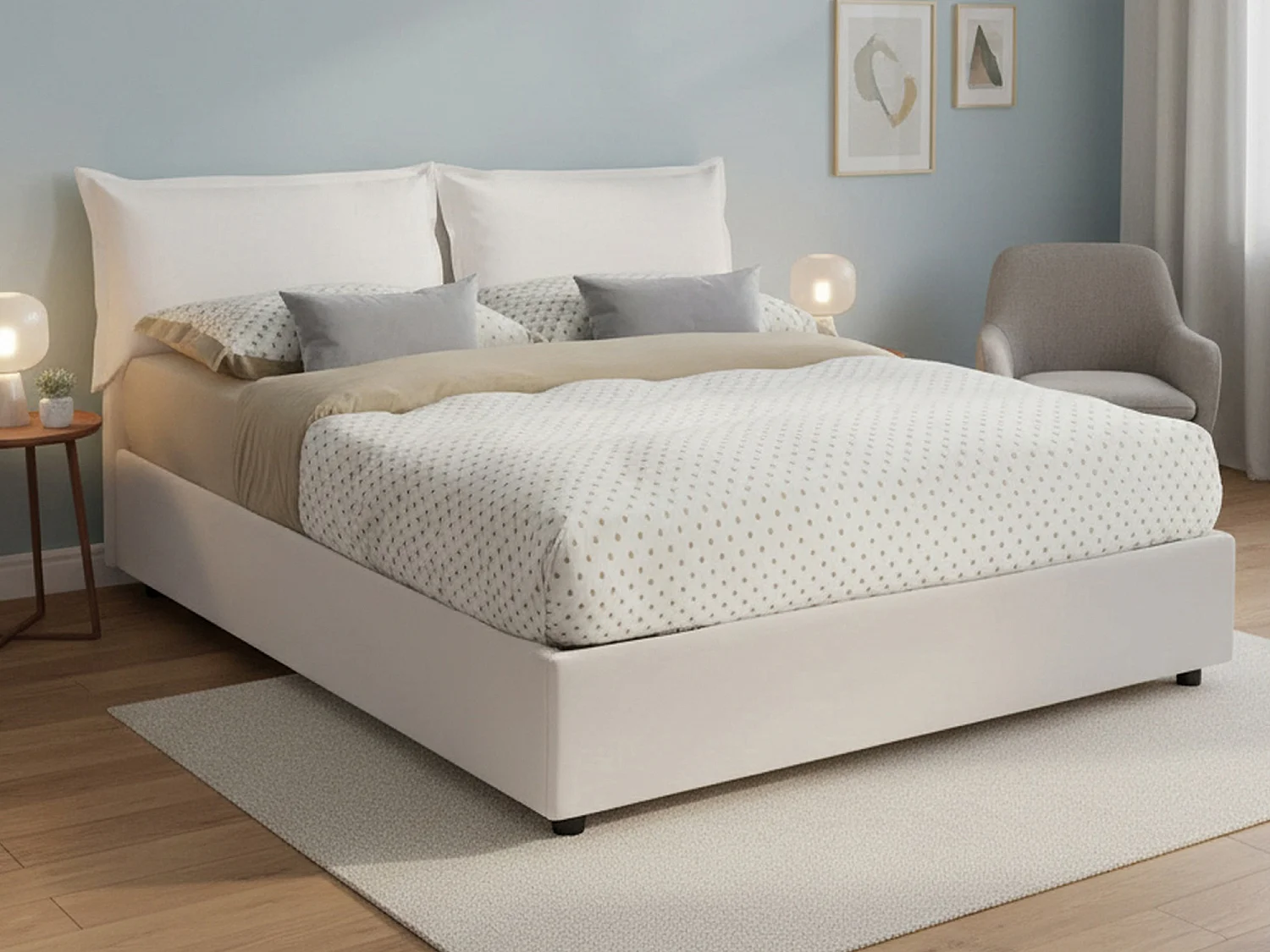 Lit double Dikone, Lit coffre avec revêtement en éco-cuir, 100% Made in Italy, Ouverture frontale, avec matelas 140x190 cm inclus, Blanc
