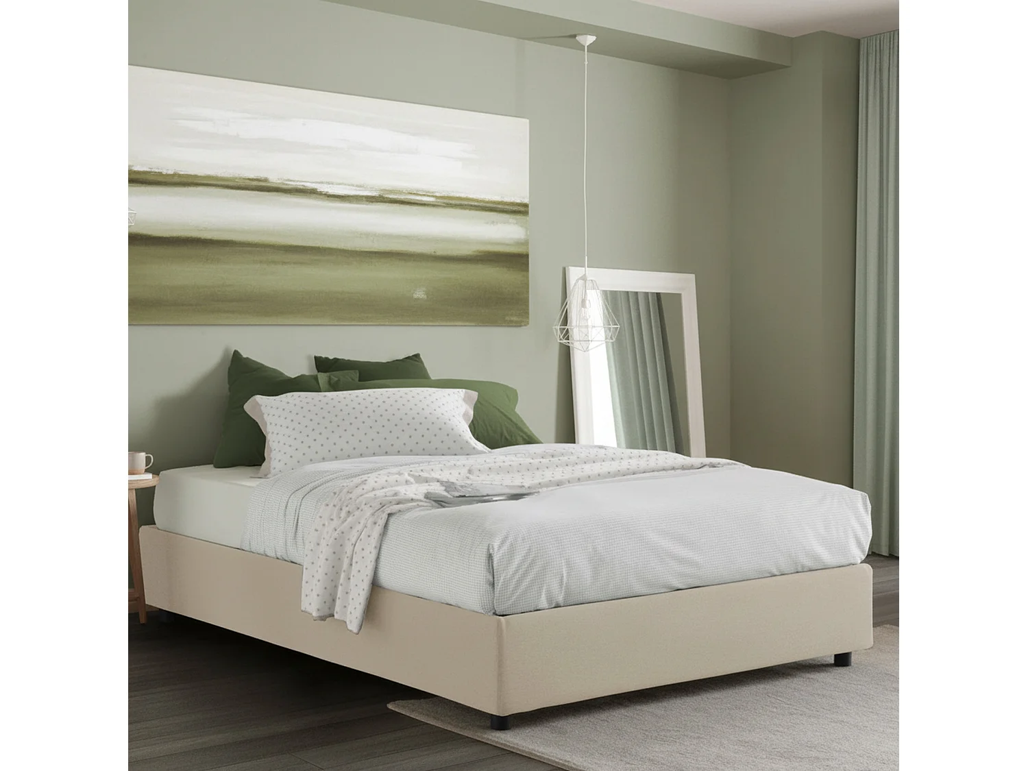 Ddurant tweepersoonsbed, Opbergbed met stoffen bekleding, 100% Made in Italy, Opening aan de voorkant, inclusief matras van 140x200 cm, Beige