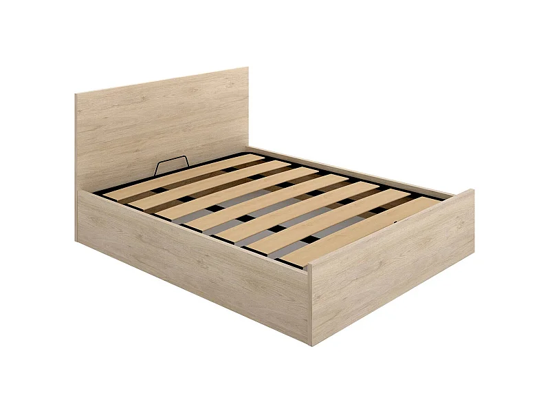 Lit double Dluli, Cadre de lit Sommier inclus, Structure lit coffre pour matelas 150x190 cm, 197x158h95 cm, Chêne