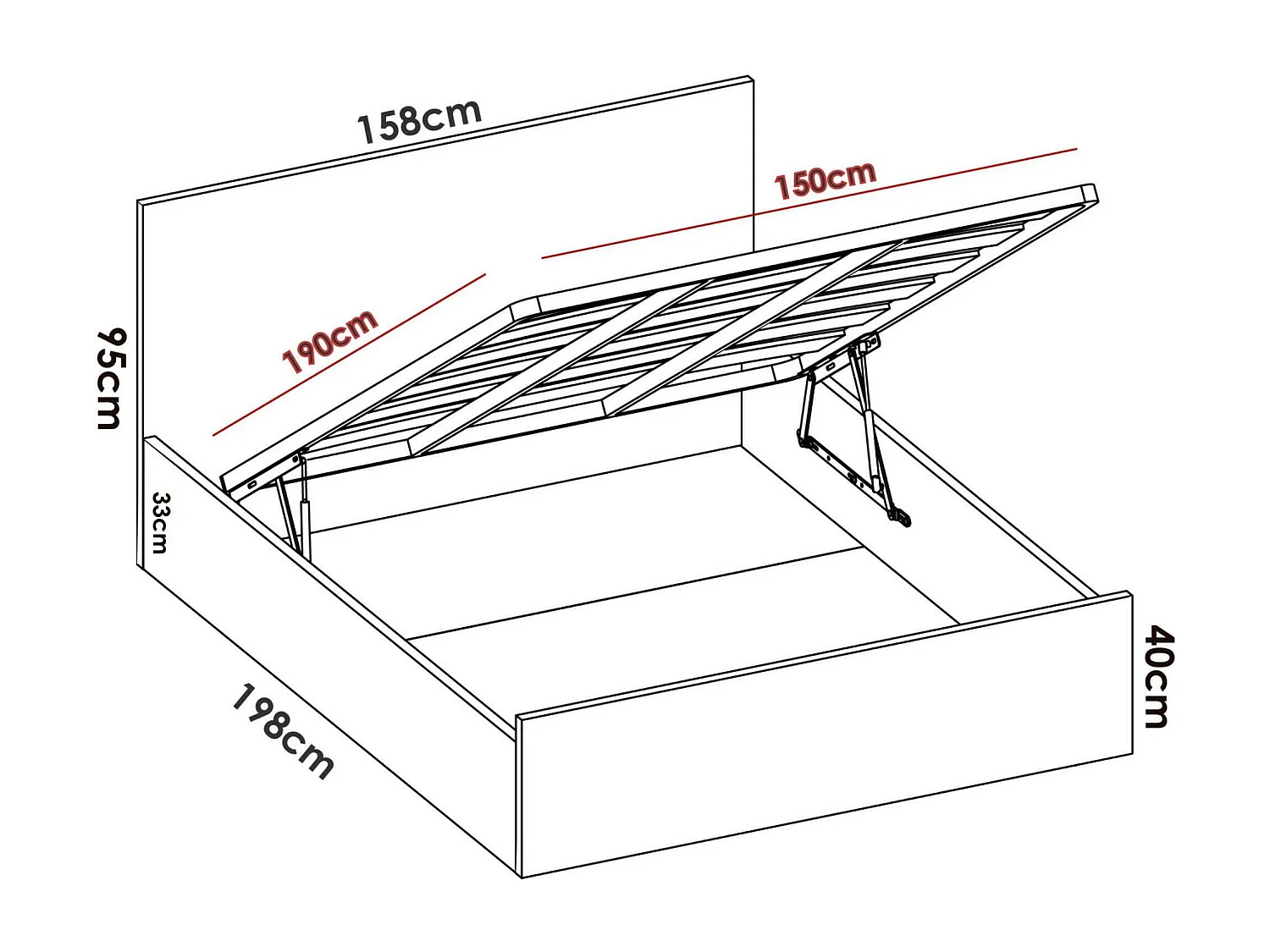 Cama de casal Dluli, estrutura de cama Sommier incluída, estrutura de cama com arrumação para colchão 150x190 cm, 197x158h95 cm, Carvalho
