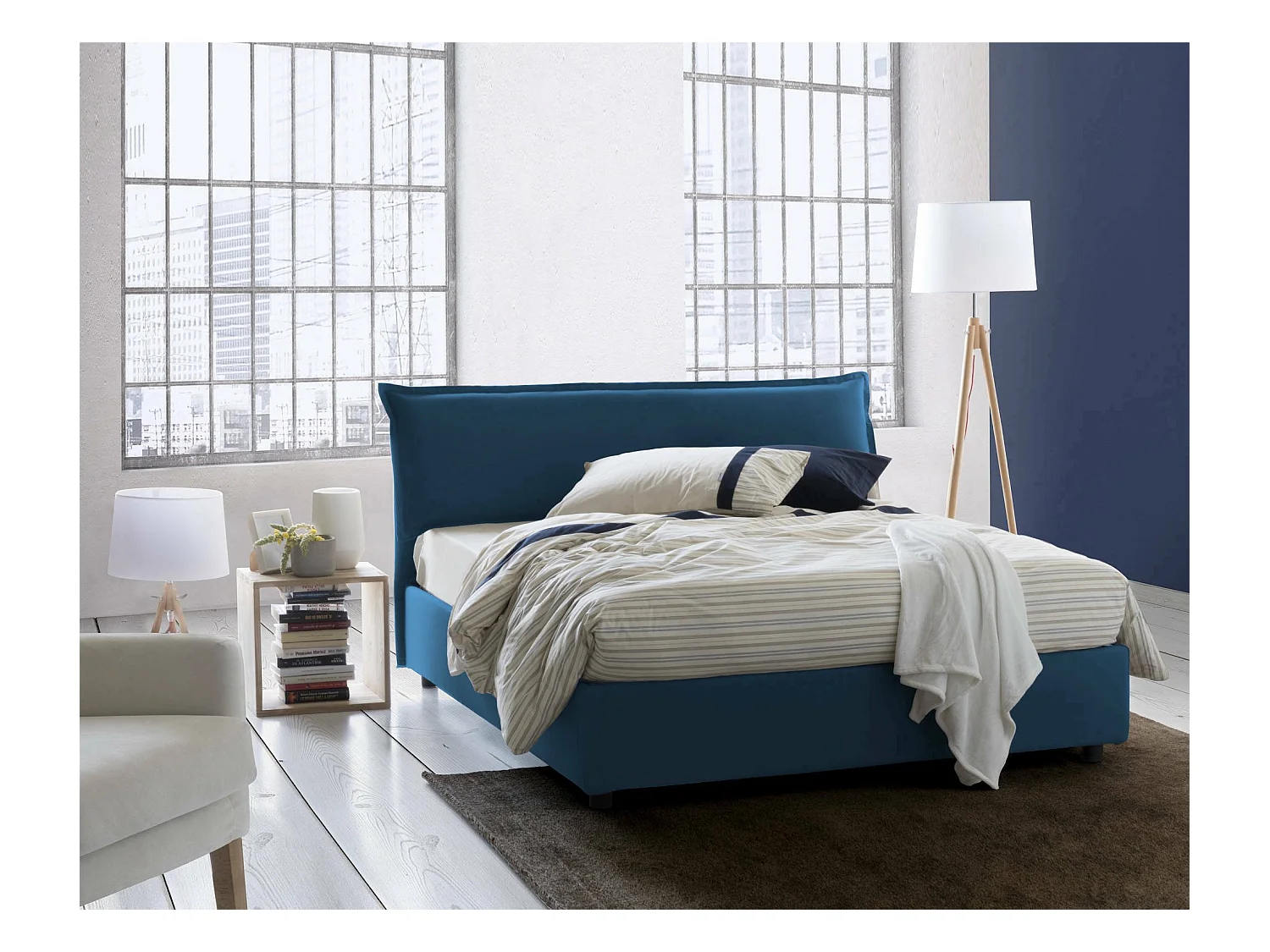 Dbianch tweepersoonsbed, Opbergbed met afneembare hoes met gestoffeerd hoofdeinde en opbergbedframe, 100% Made in Italy, geschikt voor matras 160x190 cm, Blauw