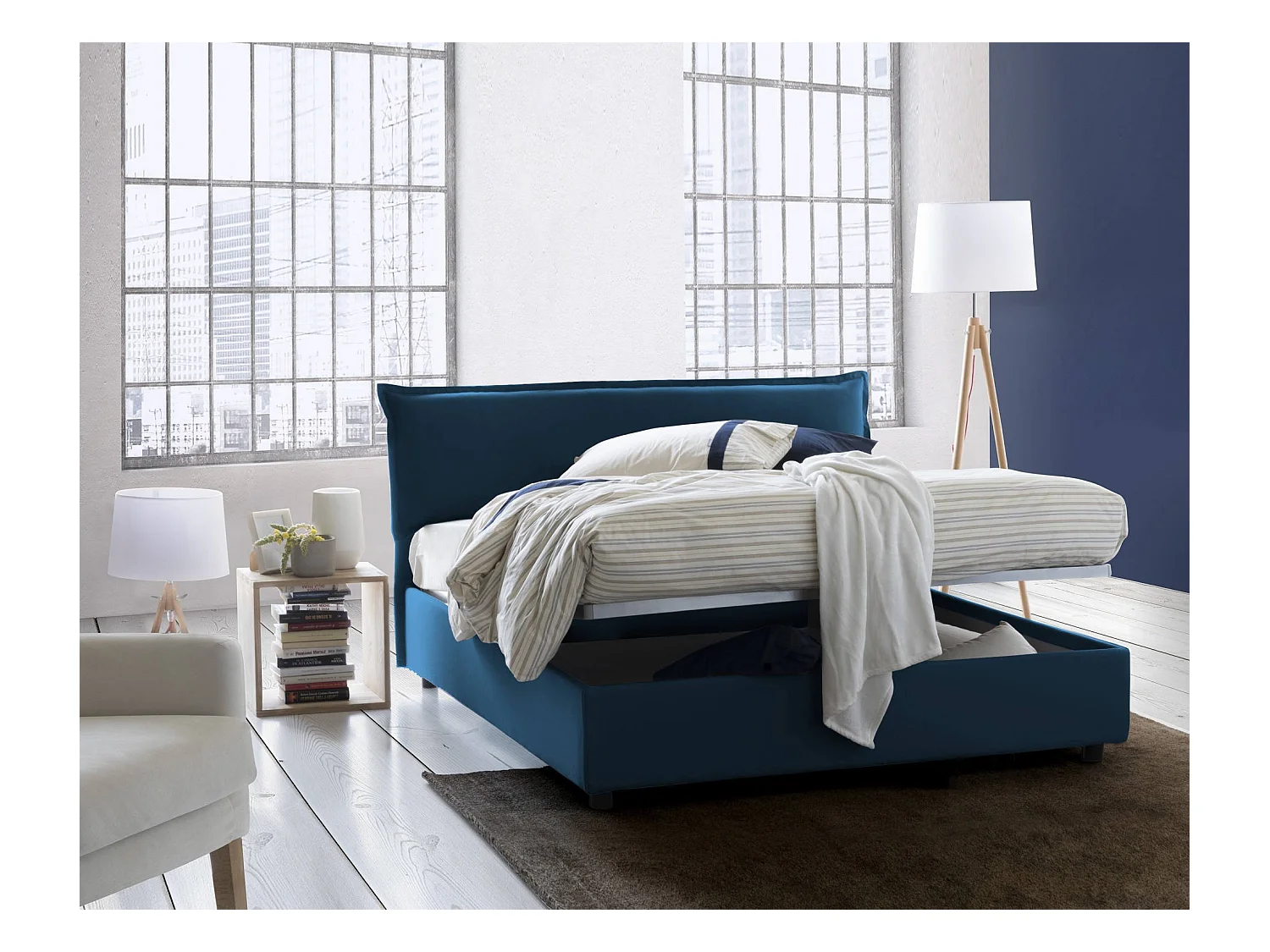 Dbianch tweepersoonsbed, Opbergbed met afneembare hoes met gestoffeerd hoofdeinde en opbergbedframe, 100% Made in Italy, geschikt voor matras 160x190 cm, Blauw