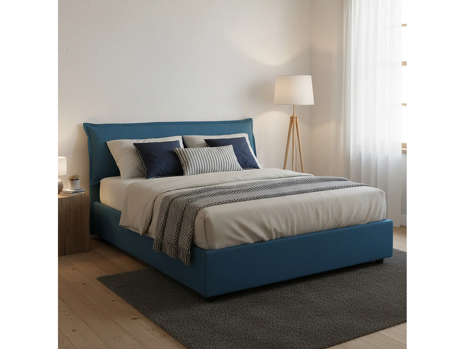 Lit double Dbianch, Lit coffre déhoussable avec tête de lit rembourrée et cadre de lit coffre, 100% Made in Italy, adapté pour matelas 160x190 cm, Bleu
