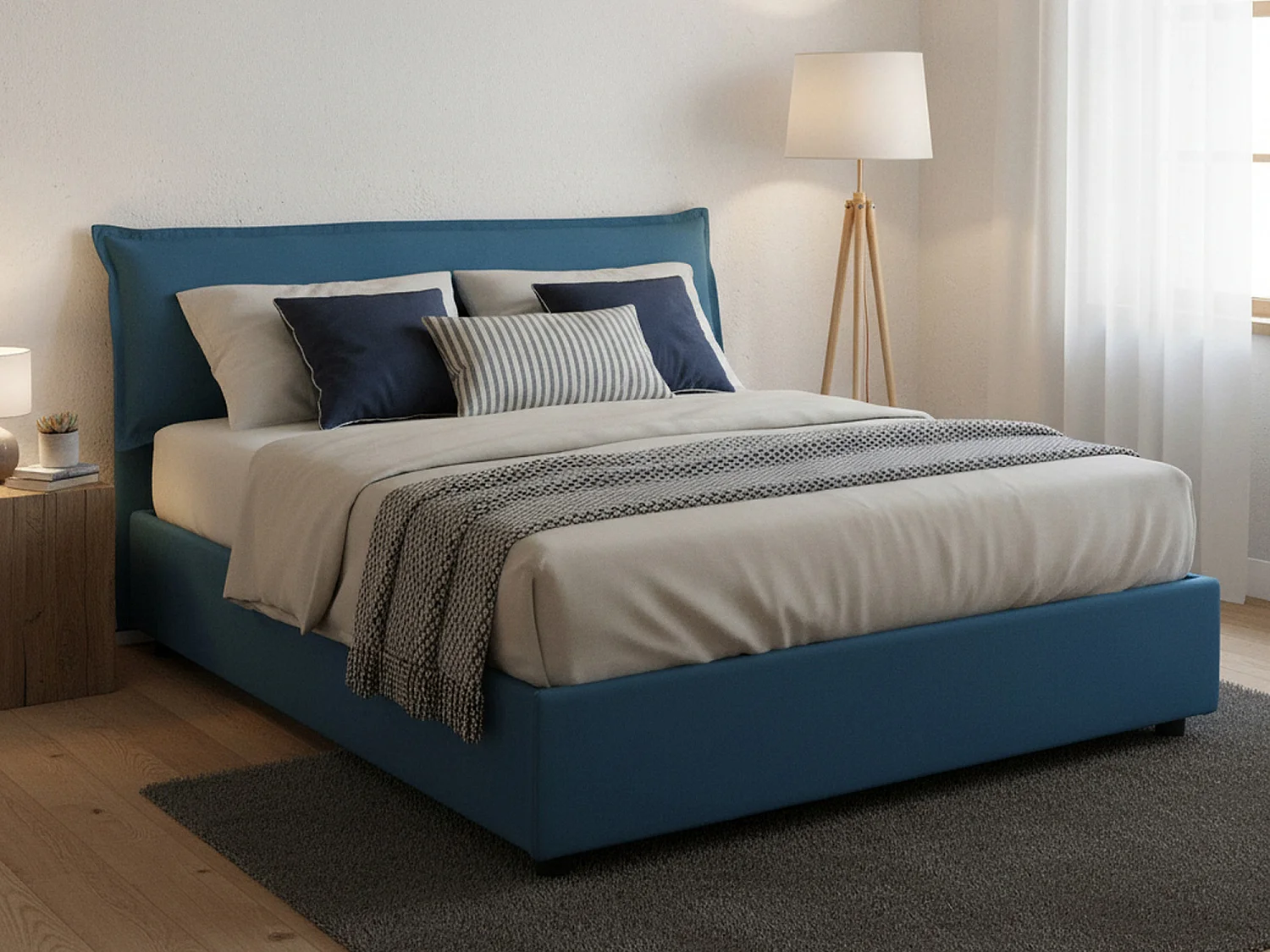 Dbianch tweepersoonsbed, Opbergbed met afneembare hoes met gestoffeerd hoofdeinde en opbergbedframe, 100% Made in Italy, geschikt voor matras 160x190 cm, Blauw