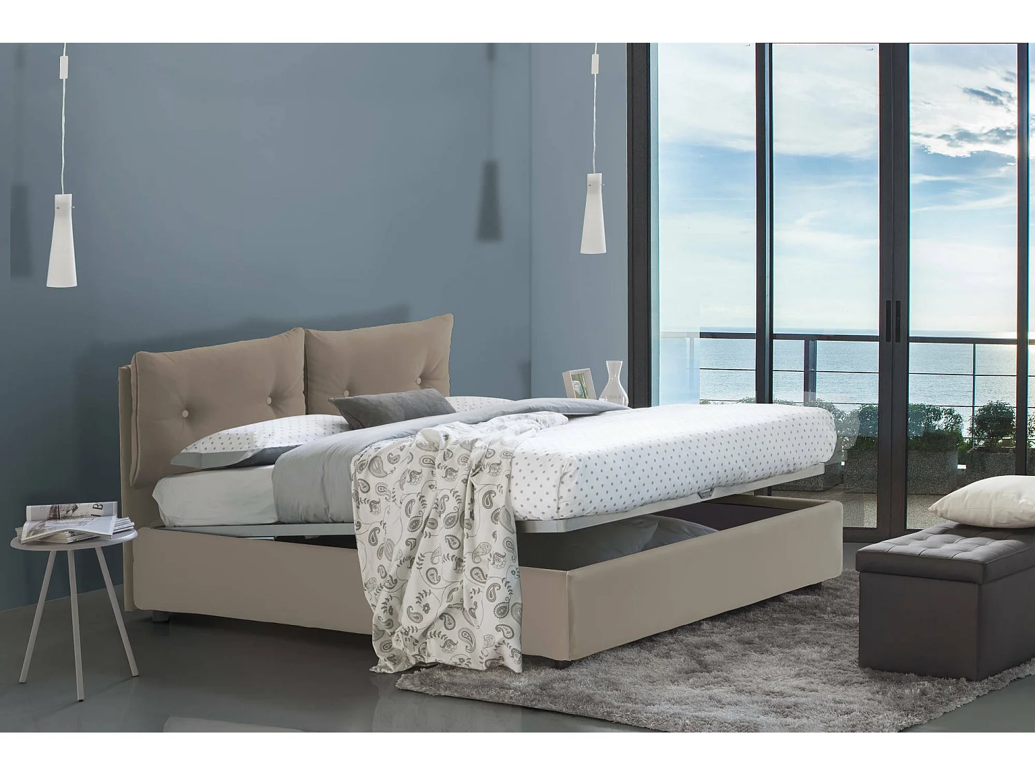 Lit double Dmorin, Lit coffre avec revêtement en éco-cuir, 100% Made in Italy, Ouverture frontale, avec matelas 160x190 cm inclus, Taupe