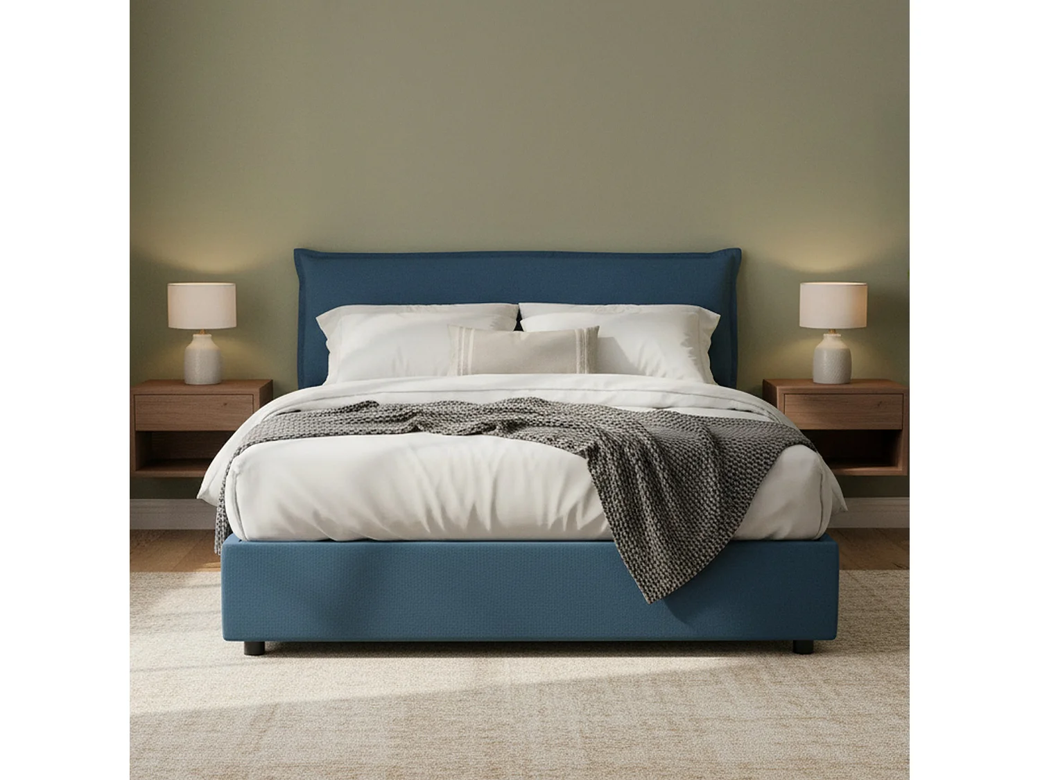 Lit double Dbidaou, Lit coffre avec revêtement amovible avec tête de lit rembourrée et cadre de lit coffre, 100% Made in Italy, avec matelas 160x200 cm inclus, Bleu