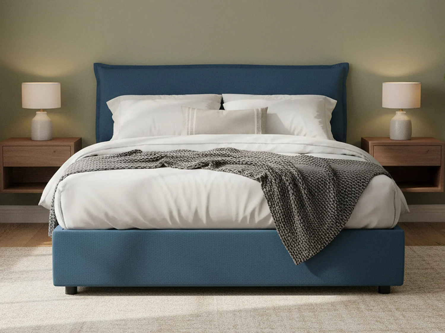 Lit double Dbidaou, Lit coffre avec revêtement amovible avec tête de lit rembourrée et cadre de lit coffre, 100% Made in Italy, avec matelas 160x200 cm inclus, Bleu