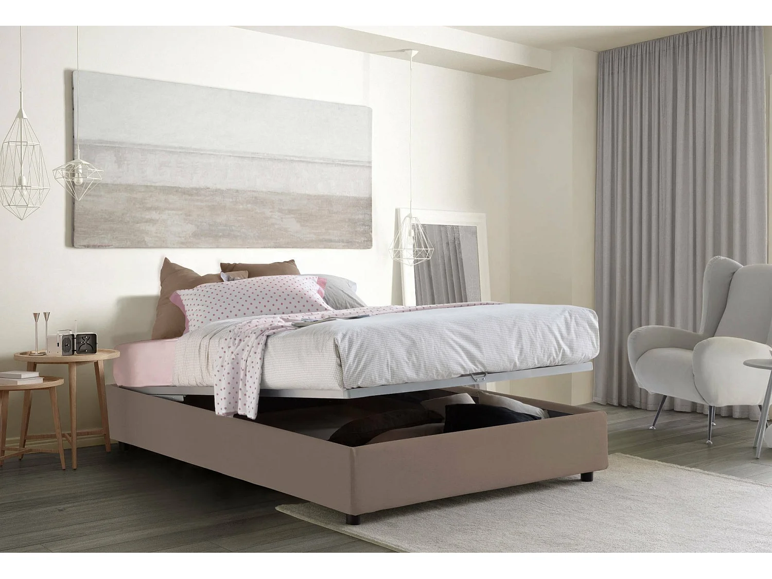 Cama de casal Ddurant, Cama de arrumação com forro de tecido, 100% Fabricado em Itália, Abertura frontal, com colchão 140x200 cm incluído, Taupe