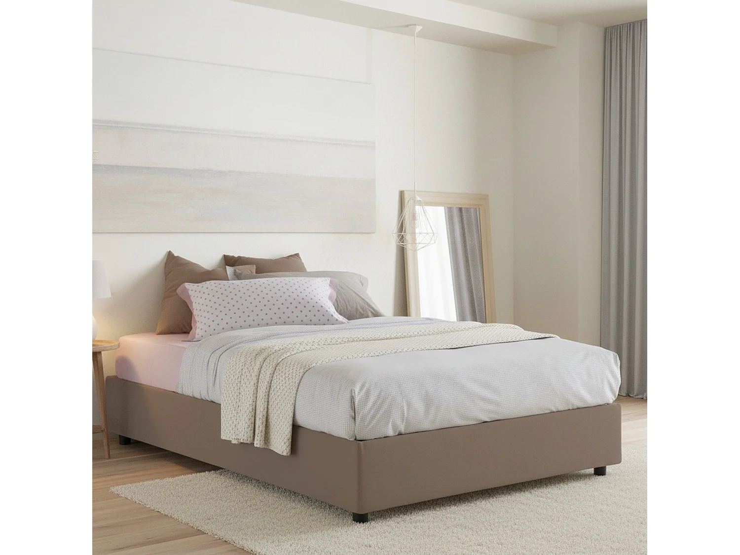 Letto Alla Francese Alaksir, Materasso Incluso Made in Italy, 155x215 cm Marrone Tortora