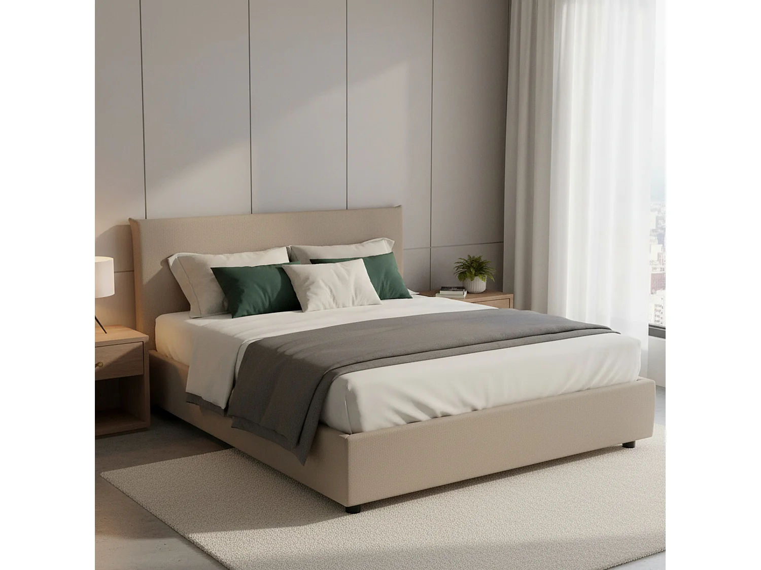 Lit double Dacost, Lit coffre avec revêtement en éco-cuir, 100% Made in Italy, Ouverture frontale, adapté pour matelas 140x190 cm, Taupe
