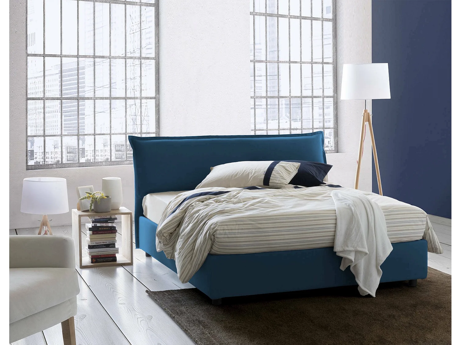 Dbianc tweepersoonsbed, Opbergbed met afneembare hoes met gestoffeerd hoofdeinde en opbergbedframe, 100% Made in Italy, inclusief matras van 160x190 cm, Blauw