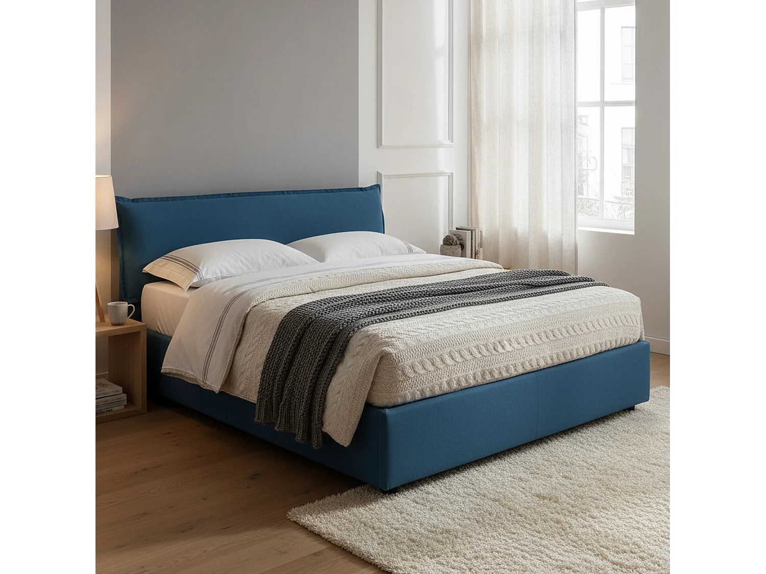 Lit double Dbianc, Lit coffre avec revêtement amovible avec tête de lit rembourrée et cadre de lit coffre, 100% Made in Italy, avec matelas 160x190 cm inclus, Bleu