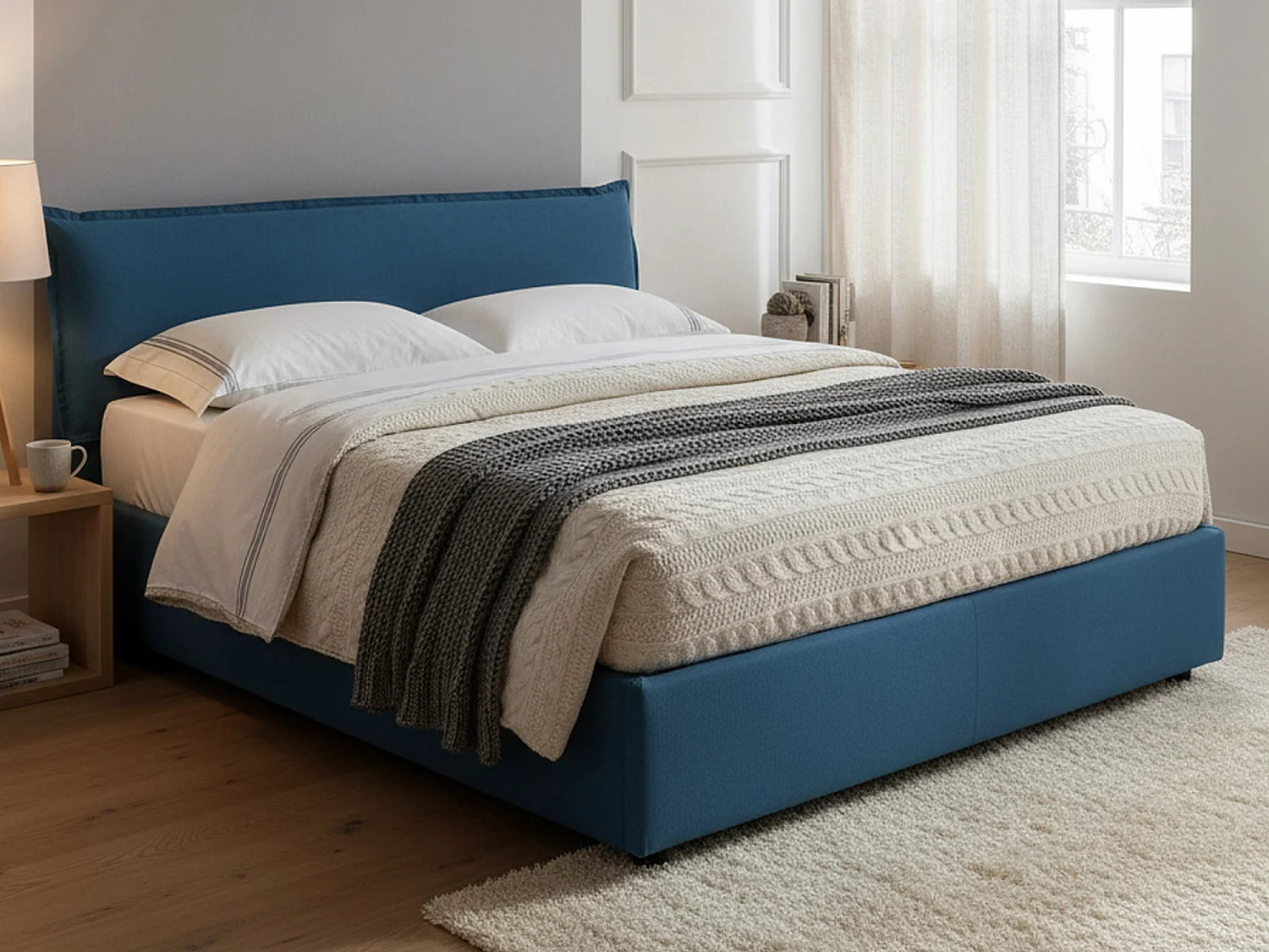 Lit double Dbianc, Lit coffre avec revêtement amovible avec tête de lit rembourrée et cadre de lit coffre, 100% Made in Italy, avec matelas 160x190 cm inclus, Bleu