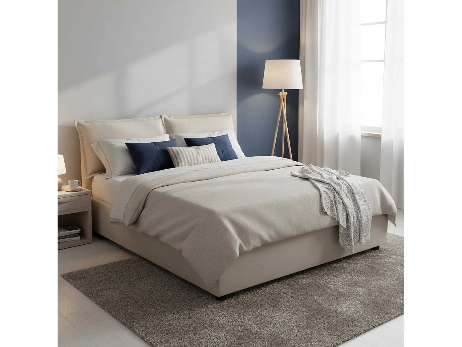 Lit double Dcarrar, Lit coffre avec revêtement en tissu, 100% Made in Italy, Ouverture frontale, avec matelas 160x190 cm inclus, Beige