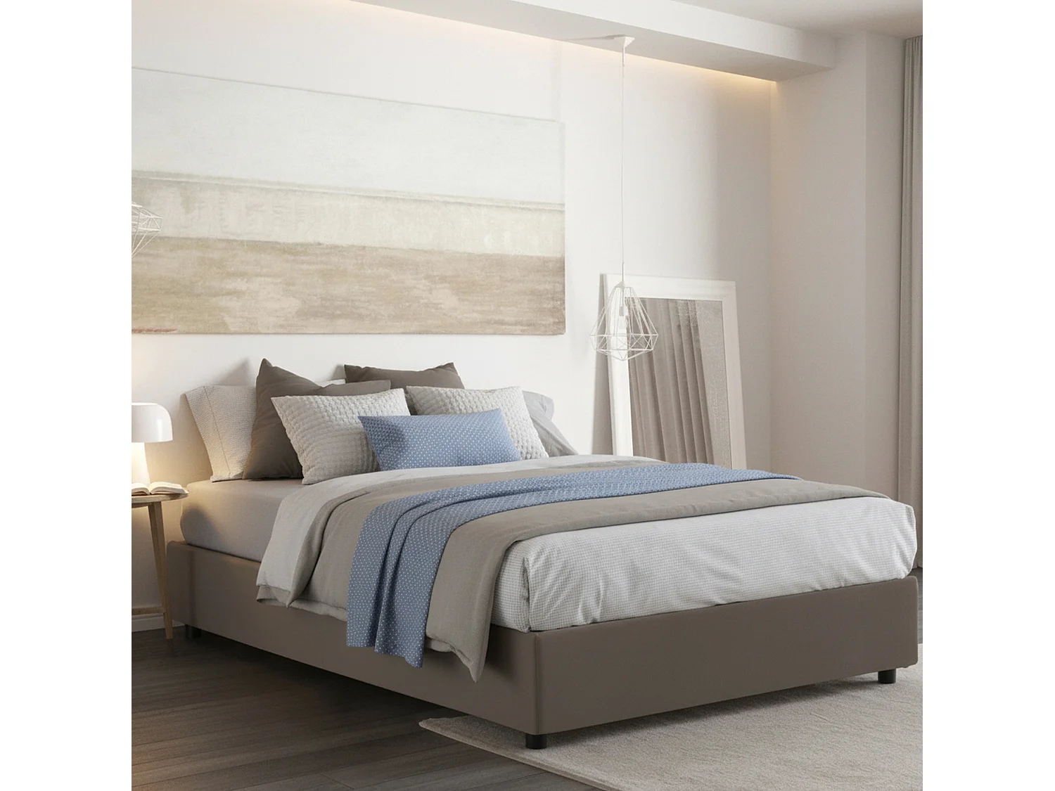Dast tweepersoonsbed, Opbergbed met bekleding van eco-leer, 100% Made in Italy, Opening aan de voorkant, inclusief matras van 160x200 cm, Taupe