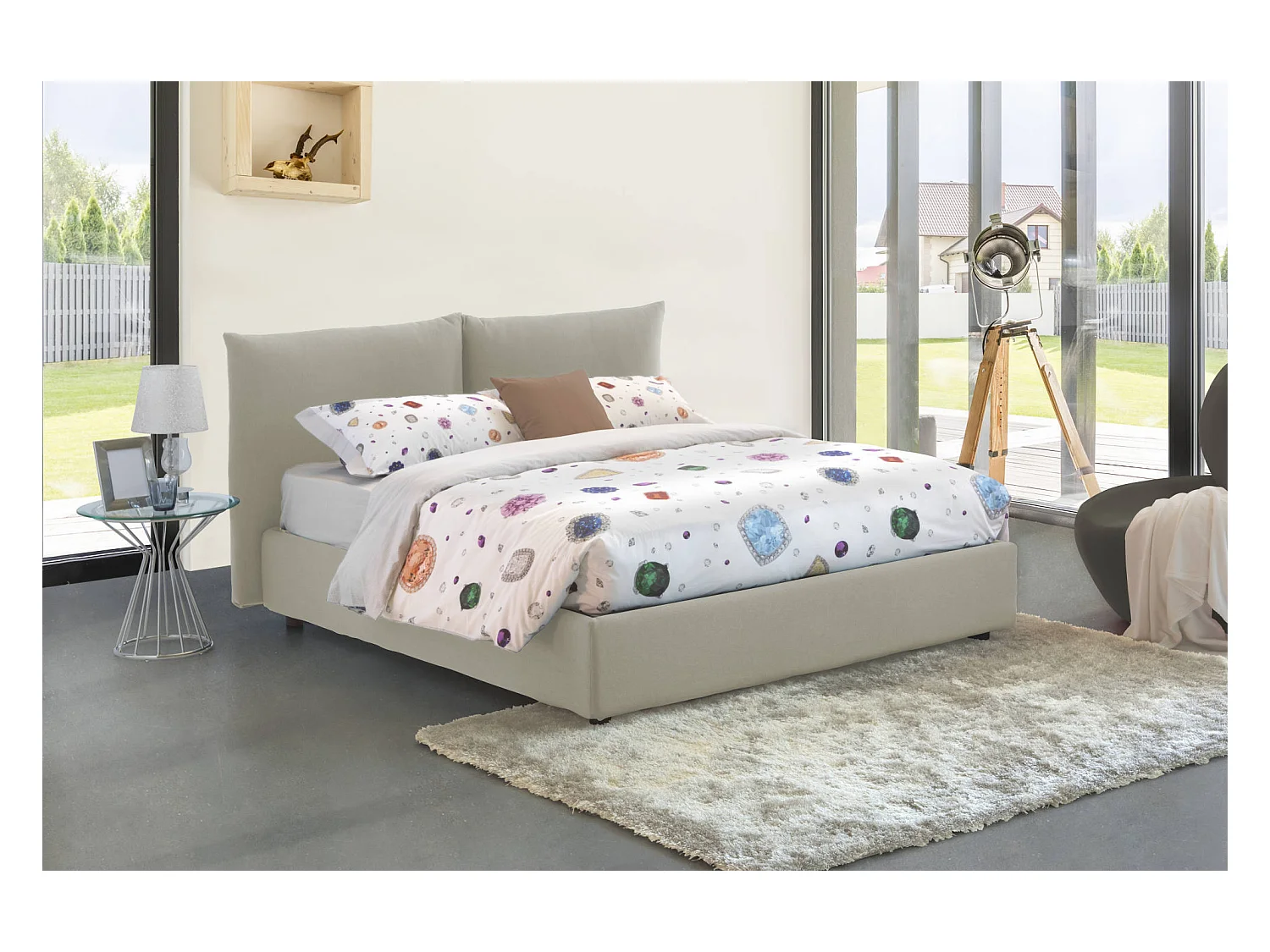 Lit double Dmlaka, Lit coffre avec revêtement en tissu, 100% Made in Italy, Ouverture frontale, adapté pour matelas 160x190 cm, Beige