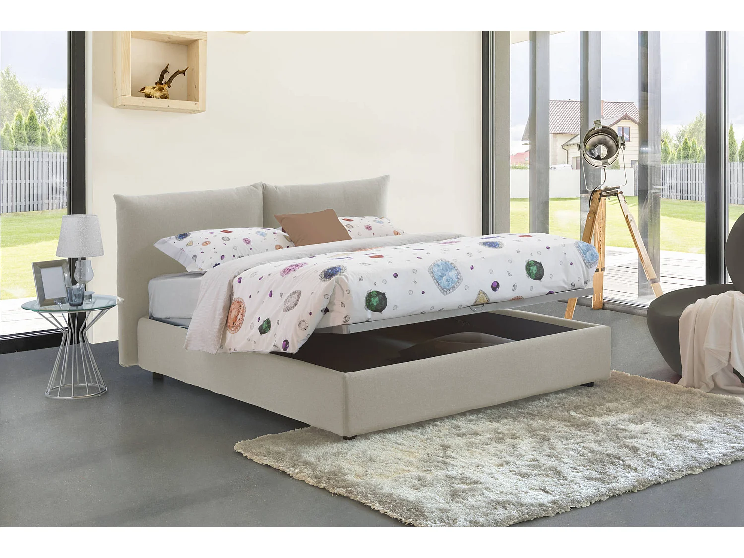 Cama matrimonial Dmlaka, Cama contenedor con revestimiento de tela, 100% Made in Italy, Apertura frontal, adecuado para colchón 160x190 cm, Beige