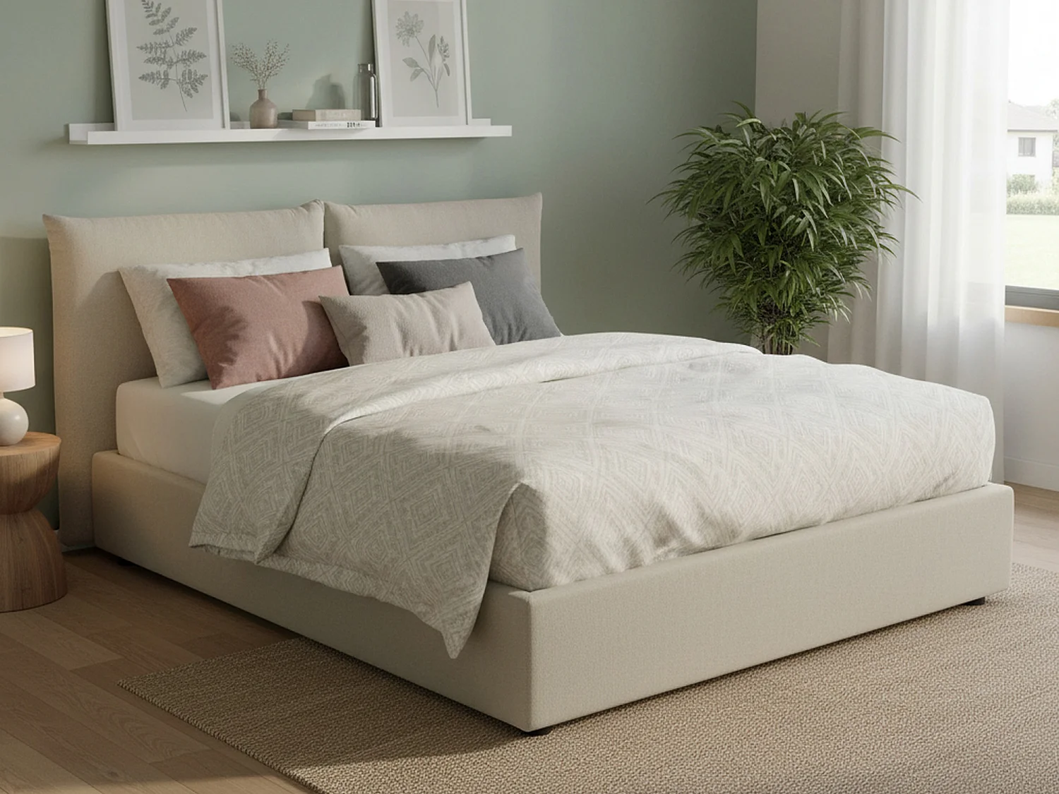 Lit double Dmlaka, Lit coffre avec revêtement en tissu, 100% Made in Italy, Ouverture frontale, adapté pour matelas 160x190 cm, Beige