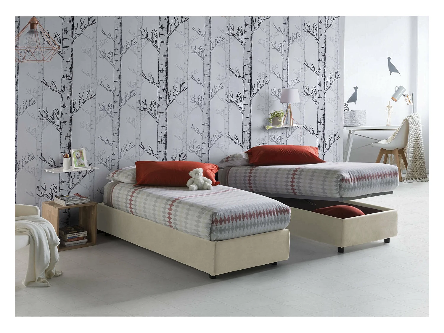 Einzelbett Dfazzin, Containerbett mit Stoffbespannung, 100% Made in Italy, Frontöffnung, passend für Matratze Cm 90x190, Beige