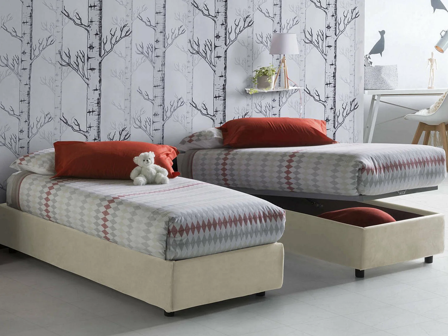 Einzelbett Dfazzin, Containerbett mit Stoffbespannung, 100% Made in Italy, Frontöffnung, passend für Matratze Cm 90x190, Beige