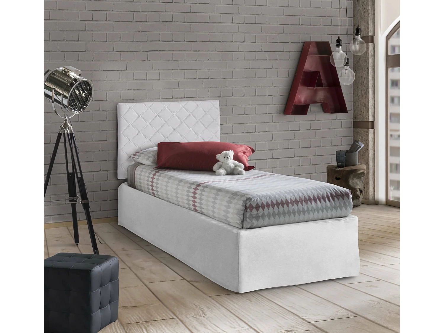 Dbertin eenpersoonsbed, eco-lederen hoofdbordset met orthopedische bodem en volant, 100% Made in Italy, geschikt voor een eenpersoonsbed, voor matras 80x190 cm, Wit