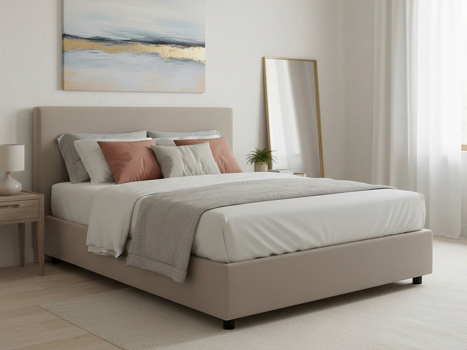 Lit double Chloé, Lit coffre avec revêtement en tissu, 100% Made in Italy, Ouverture frontale, adapté pour matelas 140x200 cm, Taupe