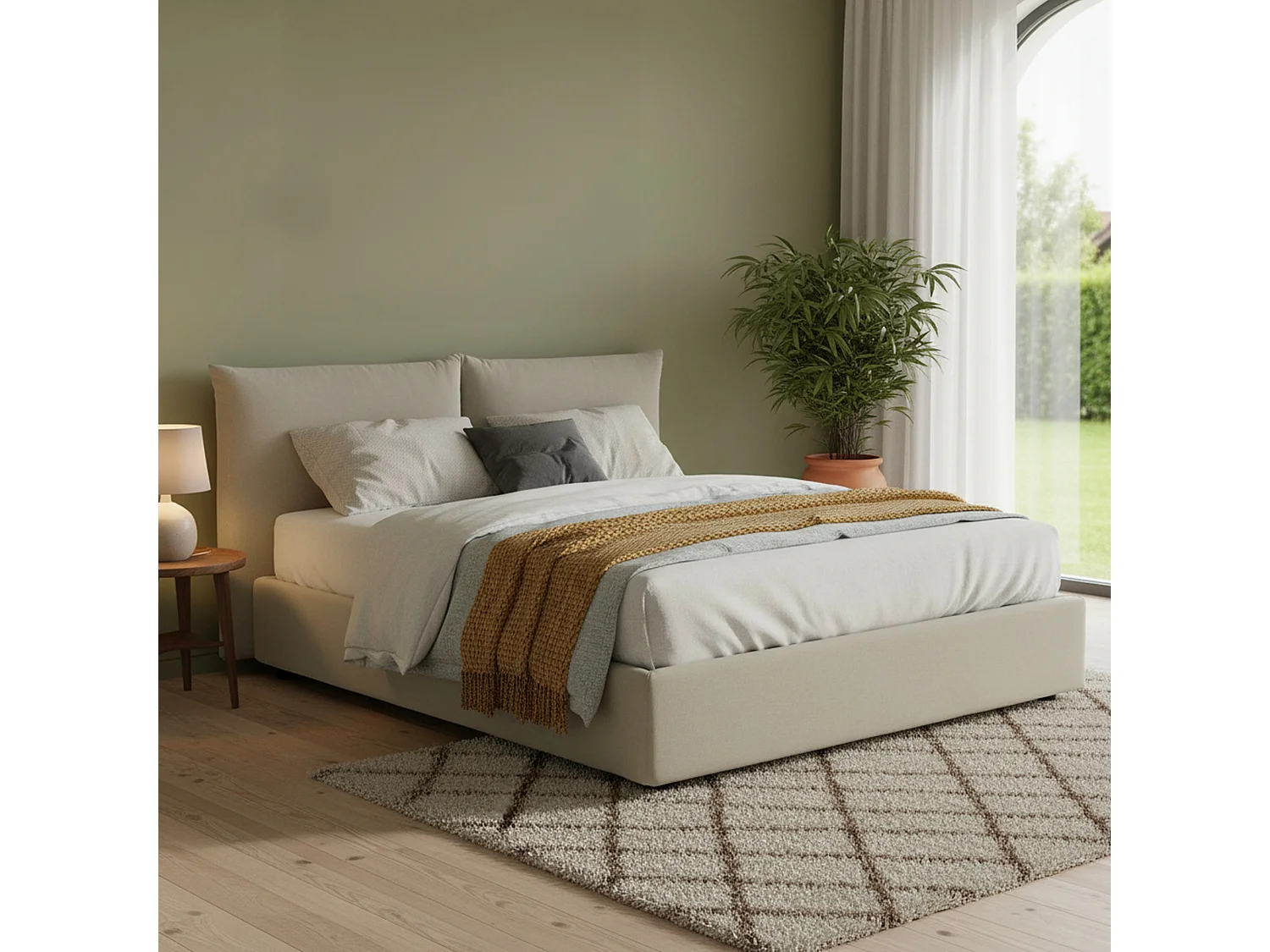 Lit double Ddestr, Lit coffre avec revêtement en tissu, 100% Made in Italy, Ouverture frontale, adapté pour matelas 160x200 cm, Beige