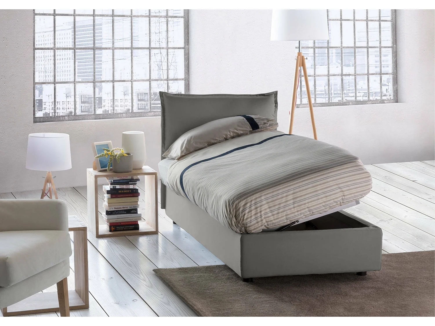 Lit simple Dmangone, Lit coffre avec revêtement en tissu, 100% Made in Italy, Ouverture latérale, avec matelas 80x190 cm inclus, Gris