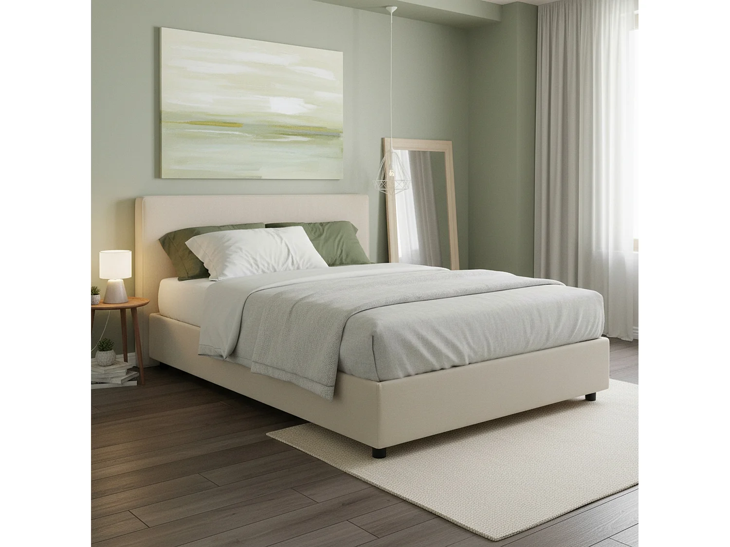 Lit double Chloé, Lit coffre avec revêtement en tissu, 100% Made in Italy, Ouverture frontale, adapté pour matelas 140x200 cm, Beige